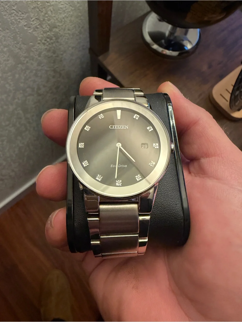 Citizen Silver Stainless Steel Watch with Black Dial and Crystal Markers